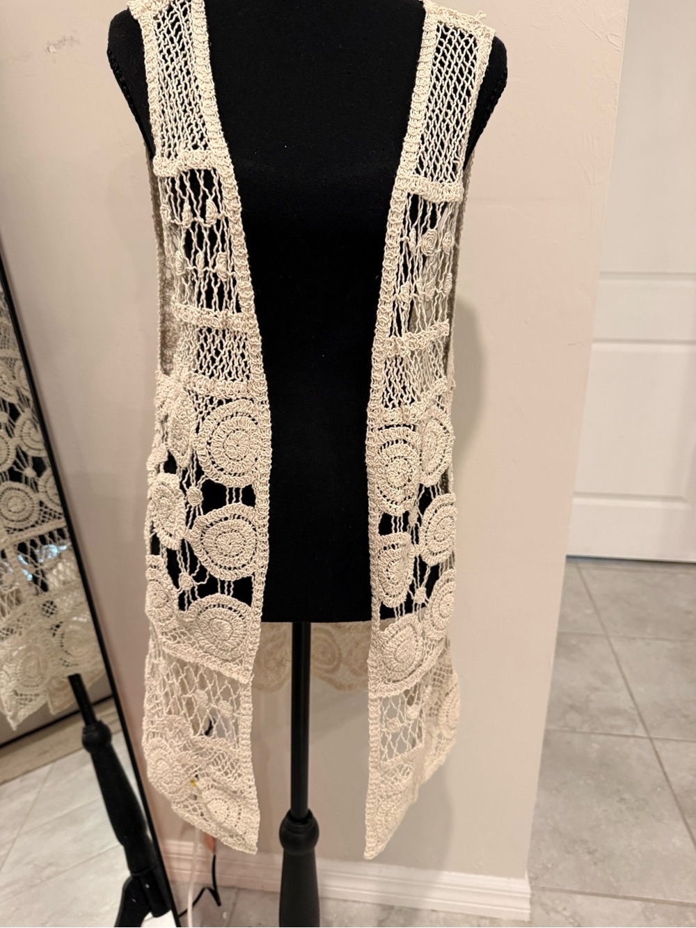 Handmade Crochet Openwork Vest in Cream
